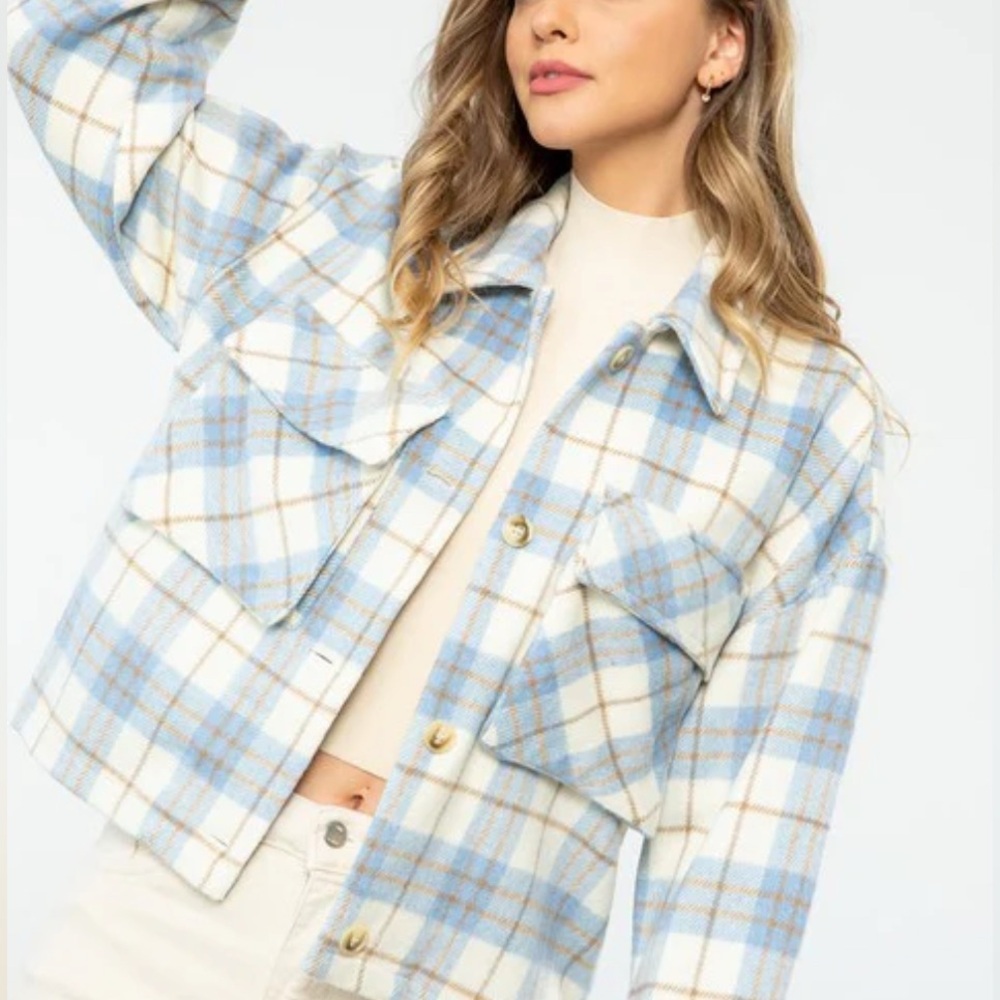 THML Blue and Cream Plaid Shacket Jacket